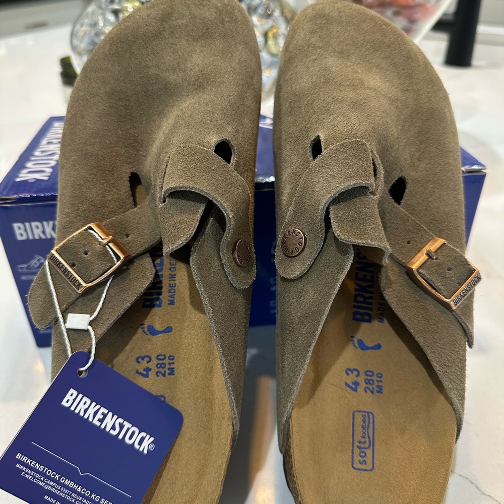 Birkenstock Boston Soft Footbed Taupe Suede Slip On Mule Clogs